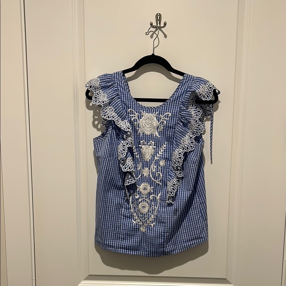 Parker Blue gingham Lace Embroidered Women's Top